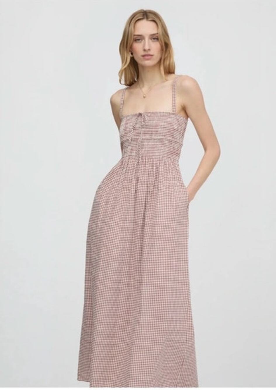 HILL HOUSE Sz XS Larissa Dress Rust Gingham Midi Sleeveless NWT